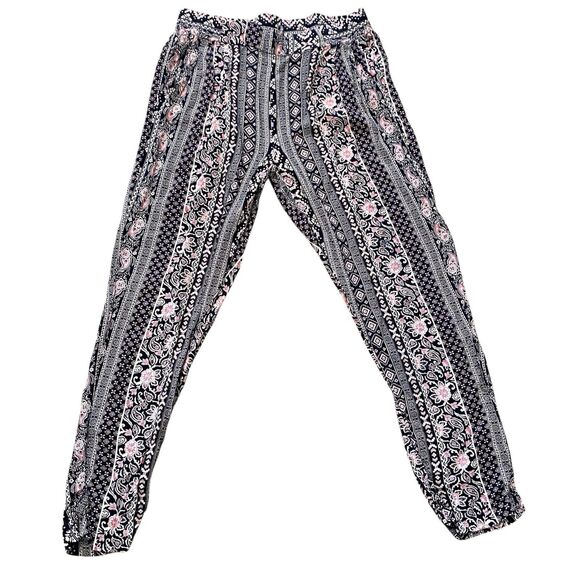 BCBG Maxazria BohoGrey Pink Black Floral Dressy Jogger Pants M Elastic Waist NEW - Picture 2 of 12